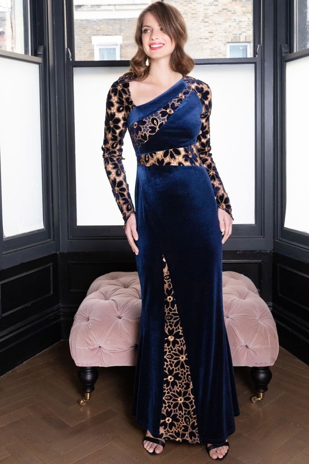 Hot Squash Hot Squash Women's Velvet Embroidered Gown in Navy