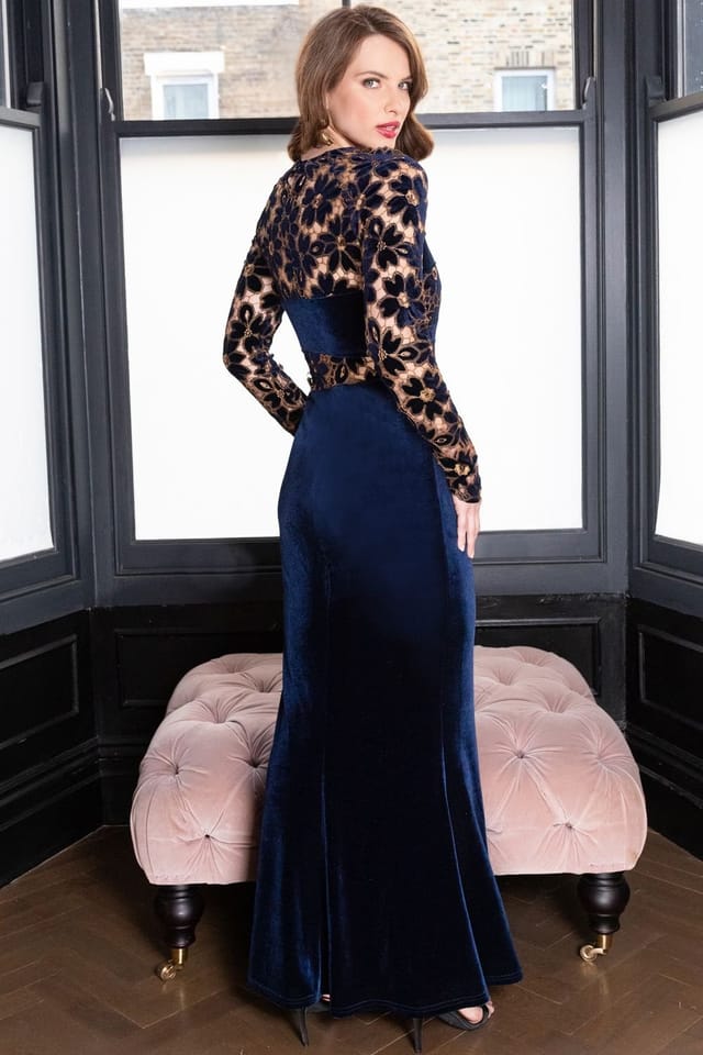 Hot Squash Hot Squash Women's Velvet Embroidered Gown in Navy - 3