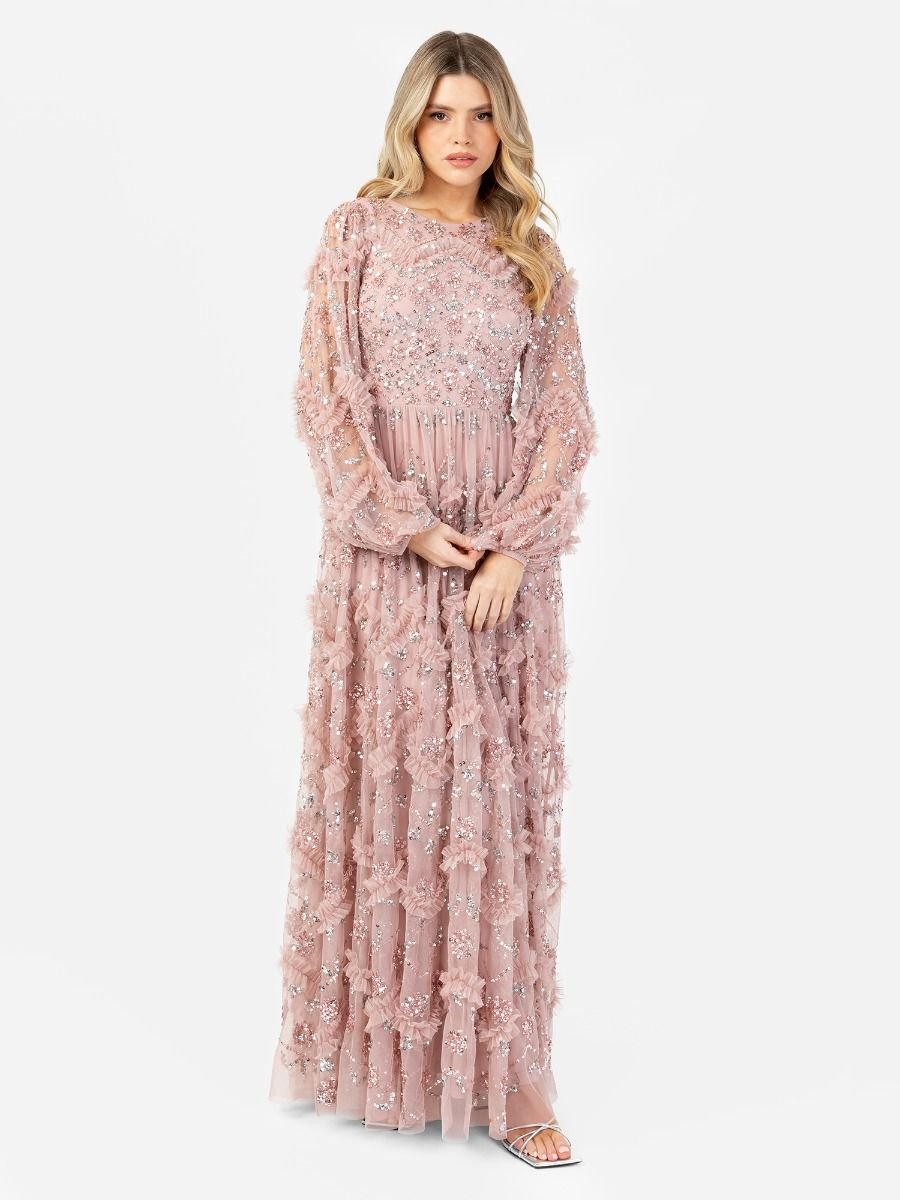 Maya Deluxe Maya Deluxe Women's Embellished Blouson Sleeve Maxi Dress in Light Pink - 1