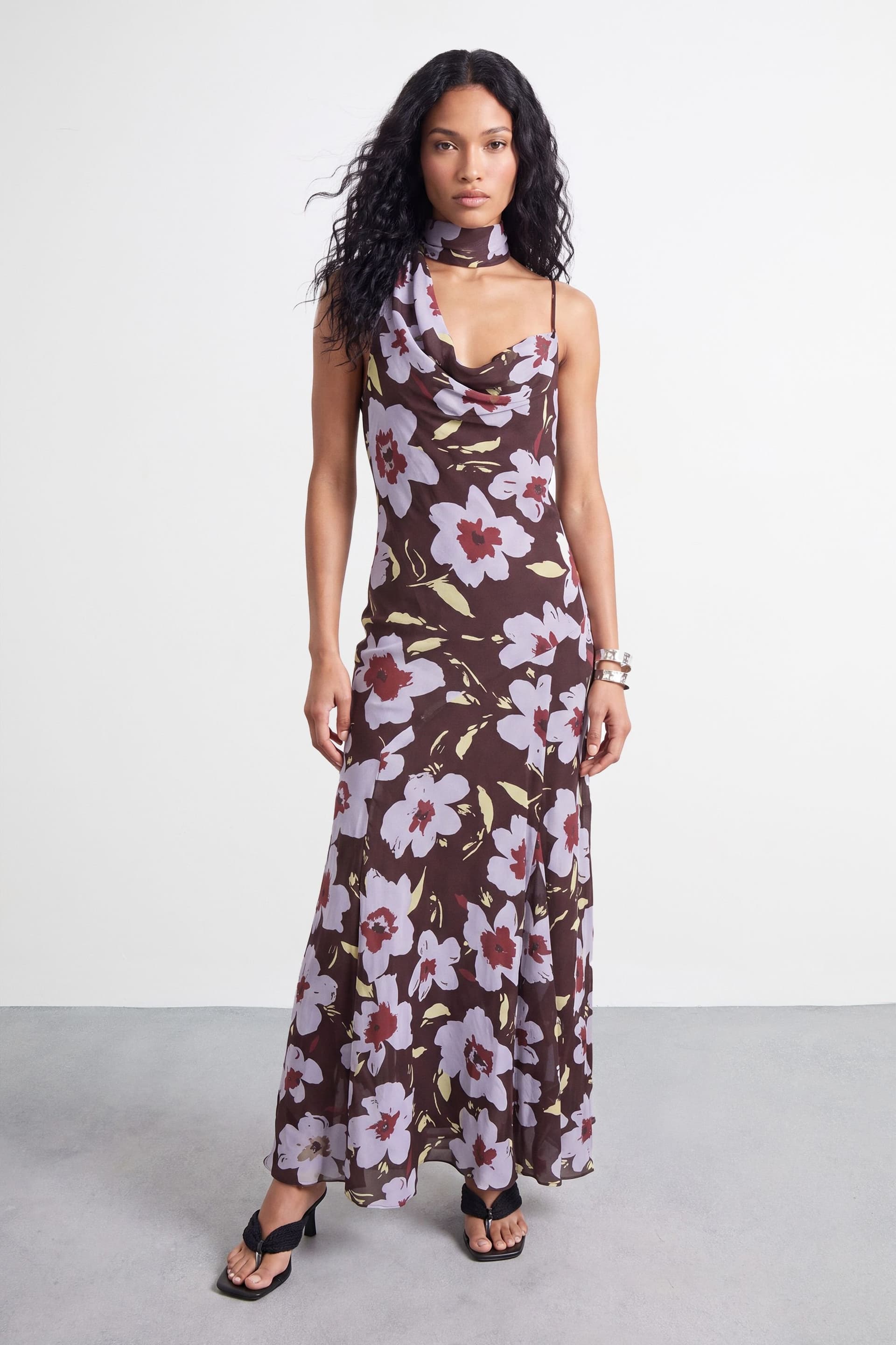Warehouse Warehouse Women's Premium Floral Tie Neck Cowl Dress in Brown