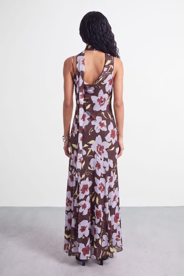 Warehouse Warehouse Women's Premium Floral Tie Neck Cowl Dress in Brown - 2