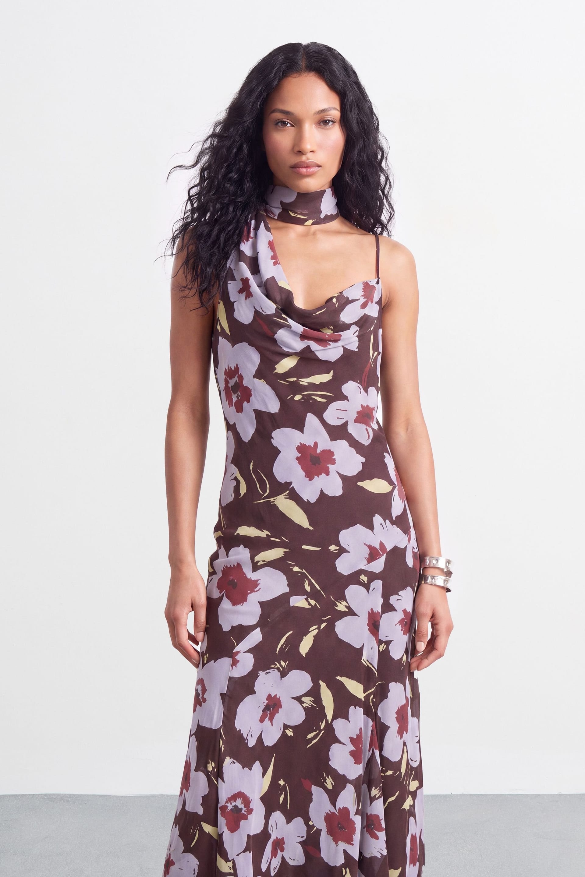 Warehouse Warehouse Women's Premium Floral Tie Neck Cowl Dress in Brown - 4