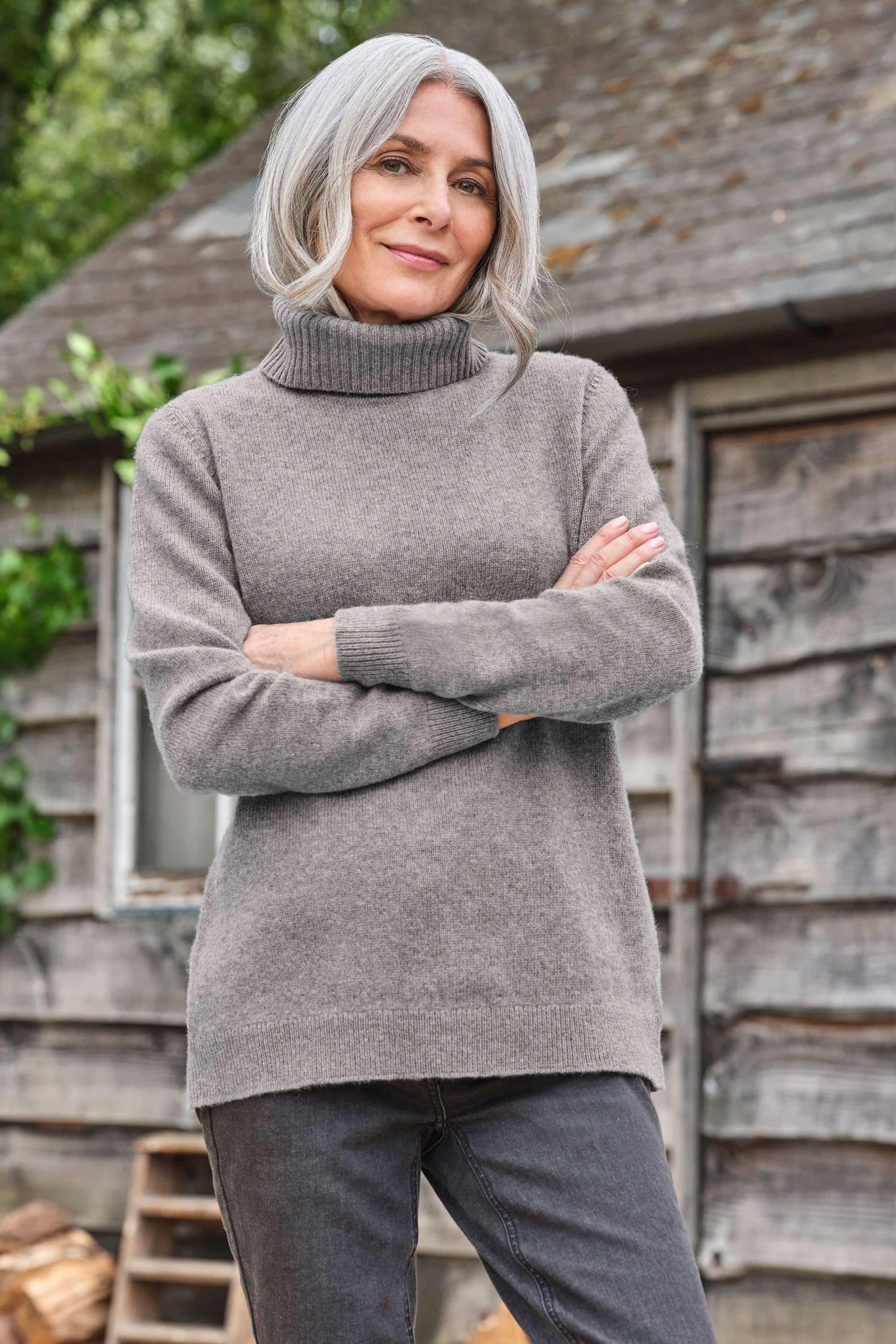 WoolOvers WoolOvers Women's 100% Wool Polo Neck Jumper in Grey