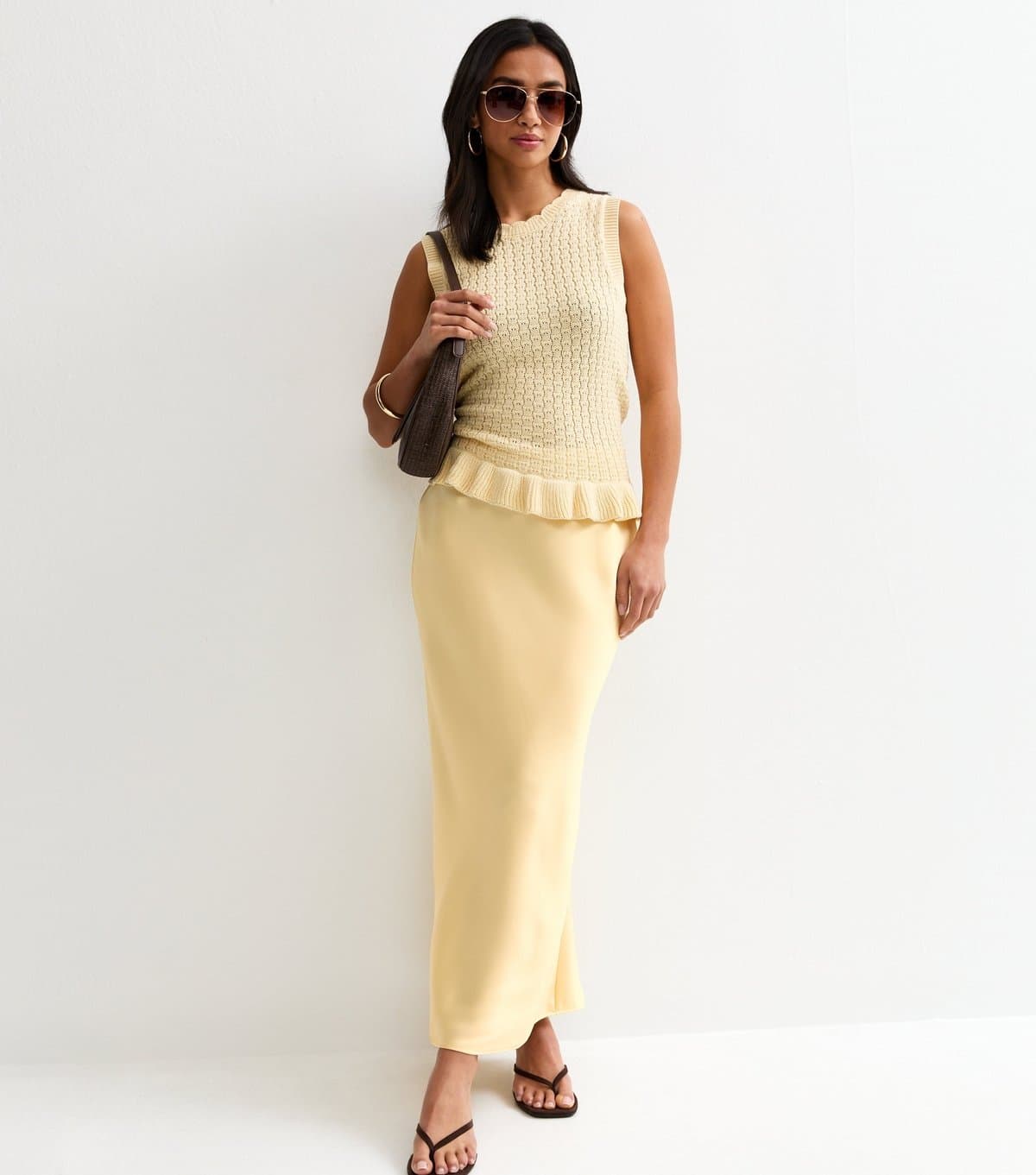 New Look Women's Petite Light Yellow Satin Bias Cut Midi Skirt New Look