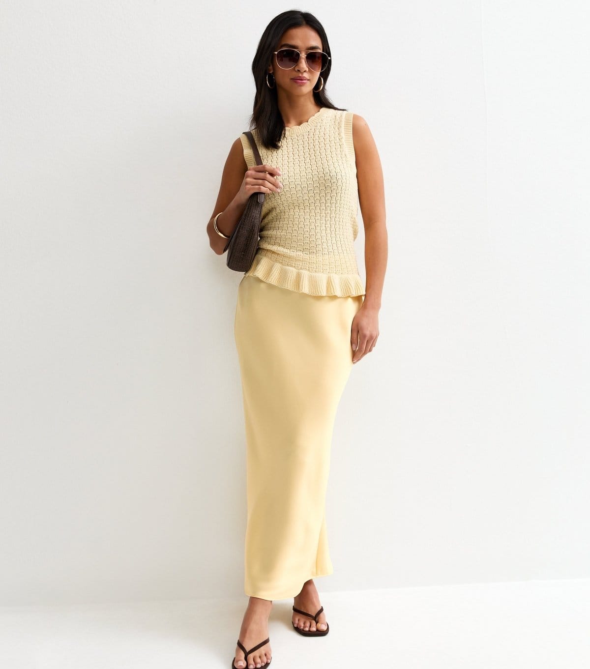 Women's Petite Light Yellow Satin Bias Cut Midi Skirt New Look