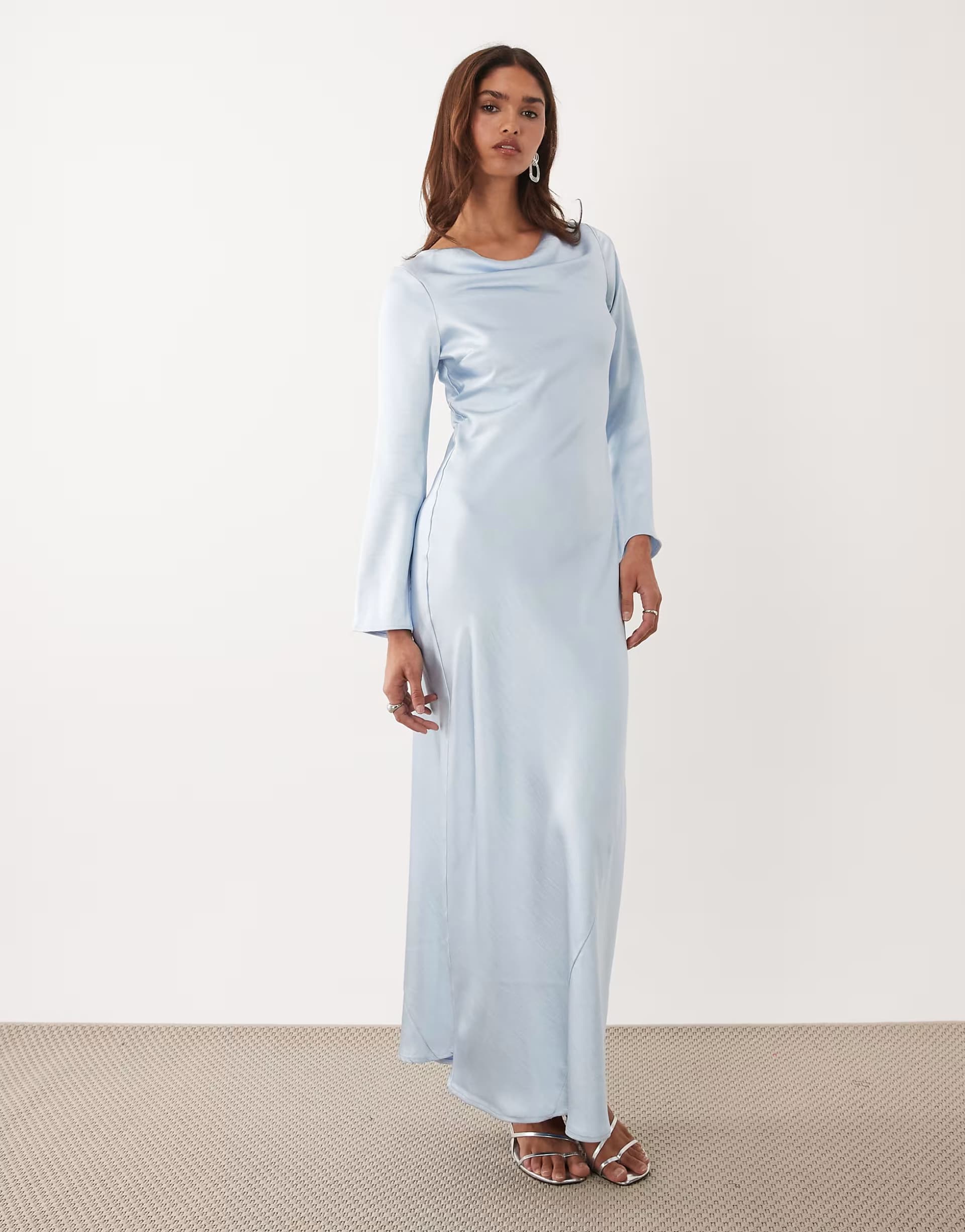 ASOS TFNC satin flared long sleeve maxi dress in light blue