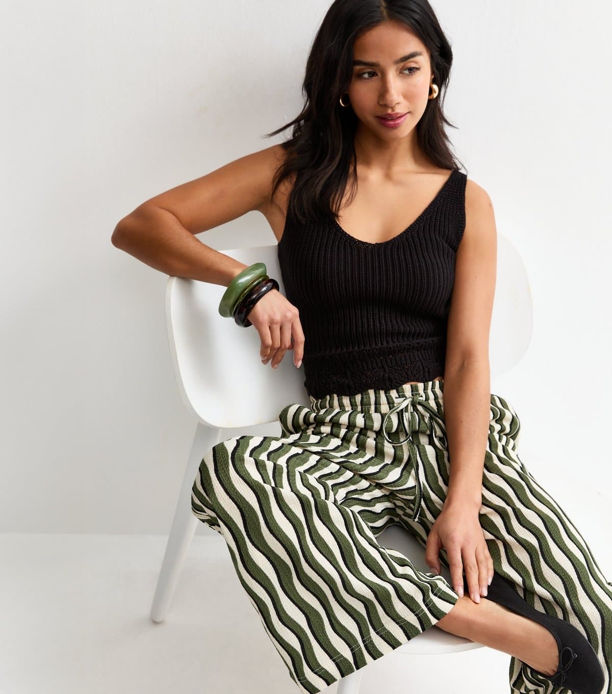 New Look Women's Petite Khaki Wave Crinkle Jersey Wide Leg Trousers New Look