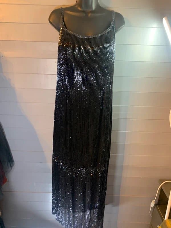 Scala Stunning Scala 100 Percent Silk Black Beaded Evening Dress