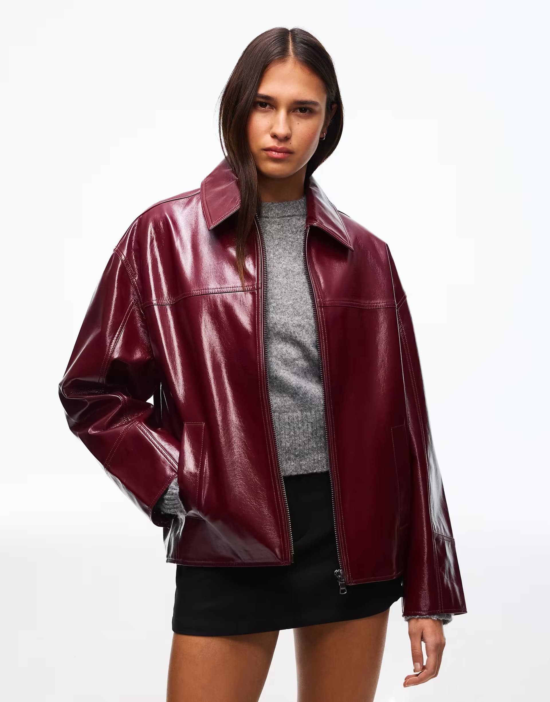 ASOS Bershka Faux leather trucker jacket in red