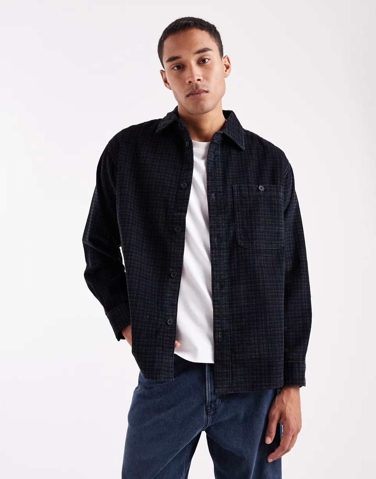 ASOS ONLY & SONS cord overshirt in black check - 1