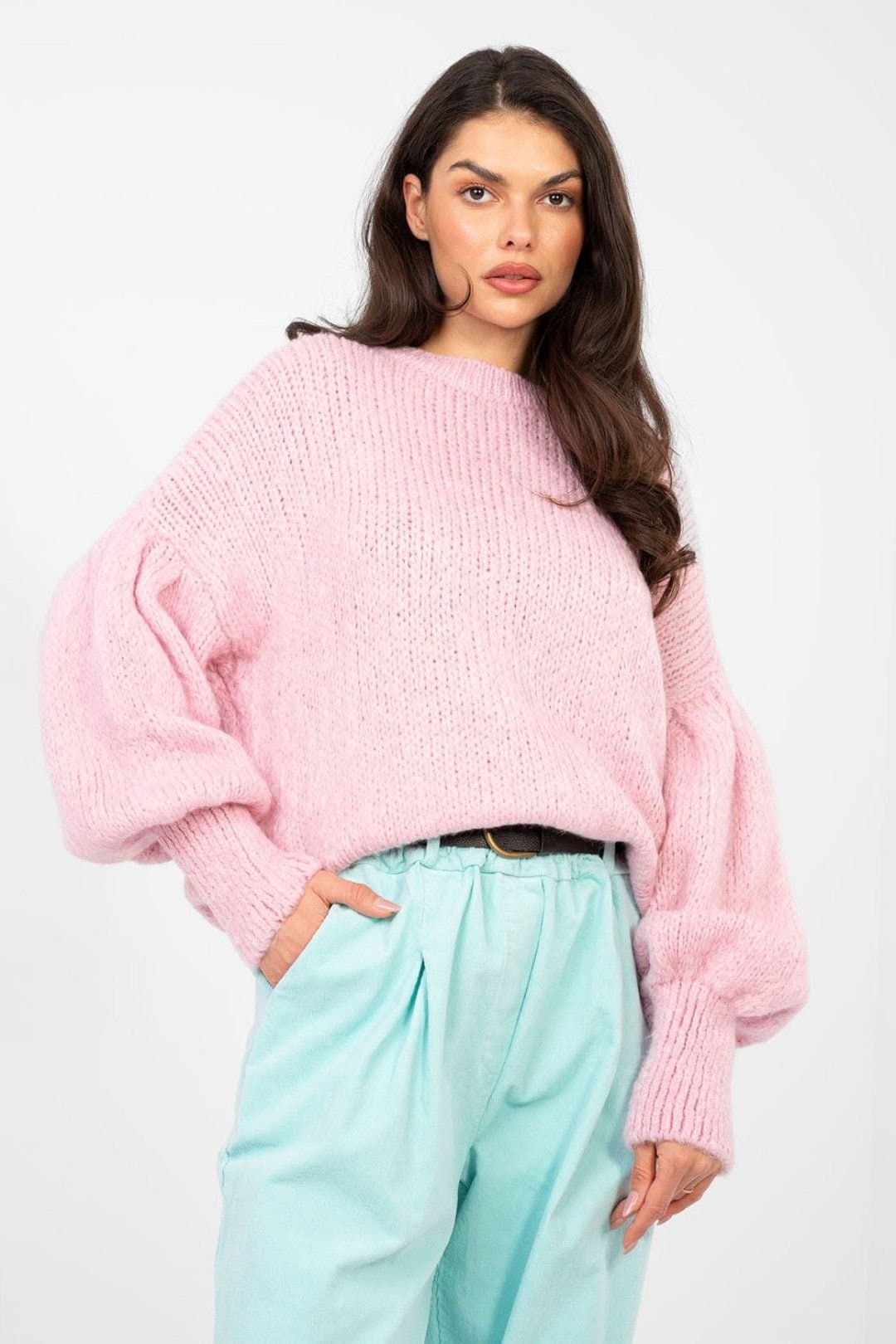 Love Lace Love Lace Women's Italian Style Patterned Sweater with Puff Sleeves in Pink
