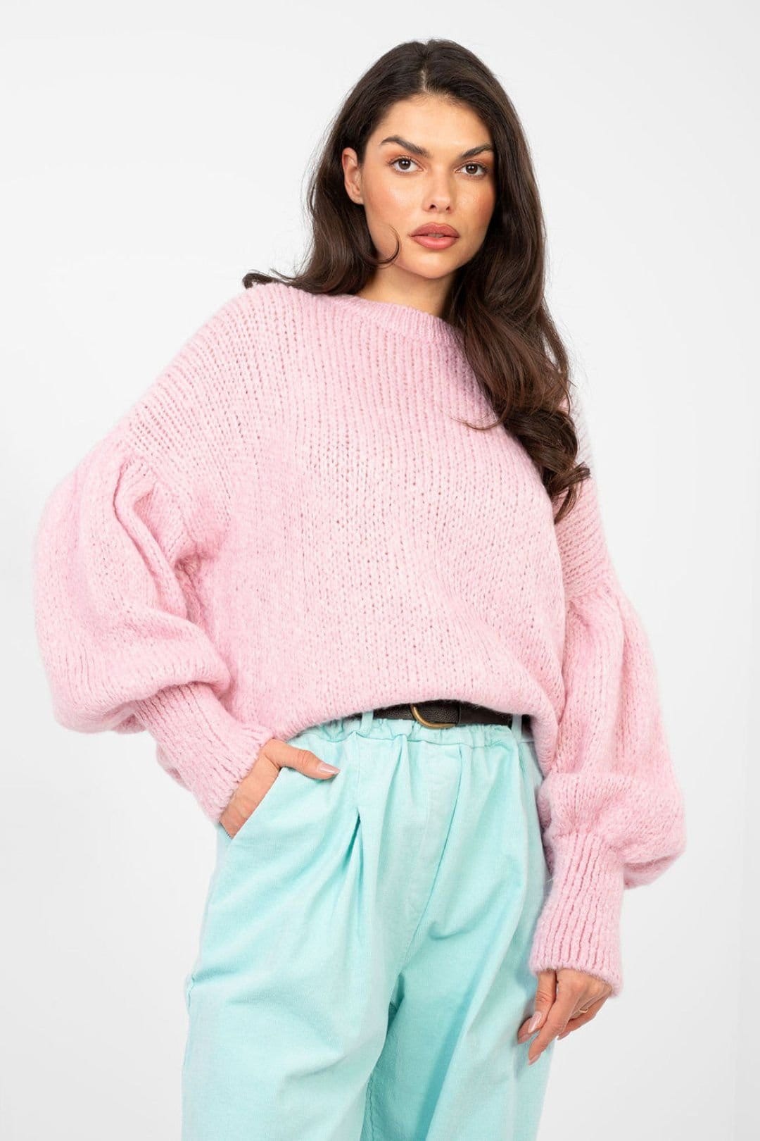 Love Lace Pink Puff Sleeve Sweater in Viscose/Polyamide/Acrylic
