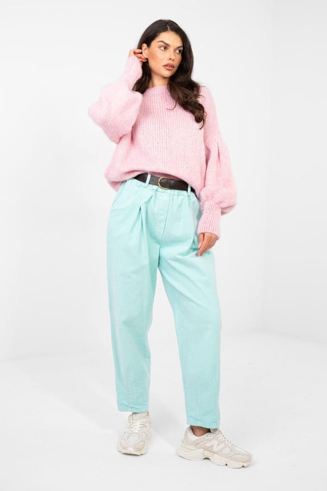 Love Lace Love Lace Women's Italian Style Patterned Sweater with Puff Sleeves in Pink - 2