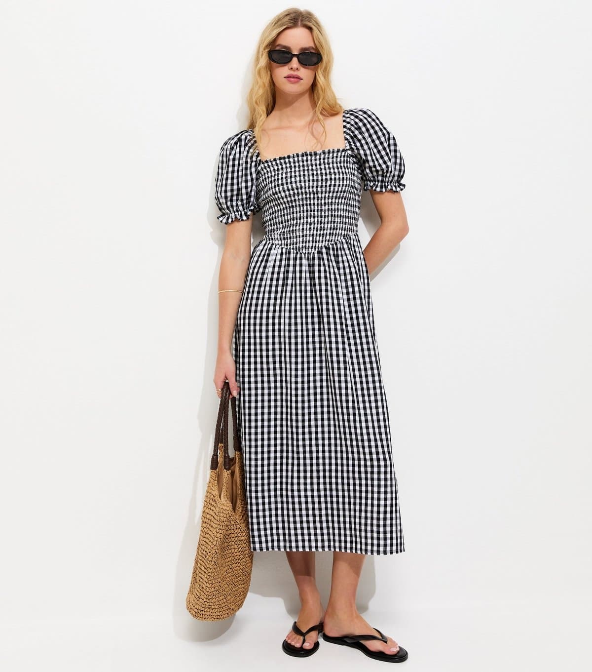 New Look Women's Black Gingham Shirred Puff Sleeve Midi Dress New Look