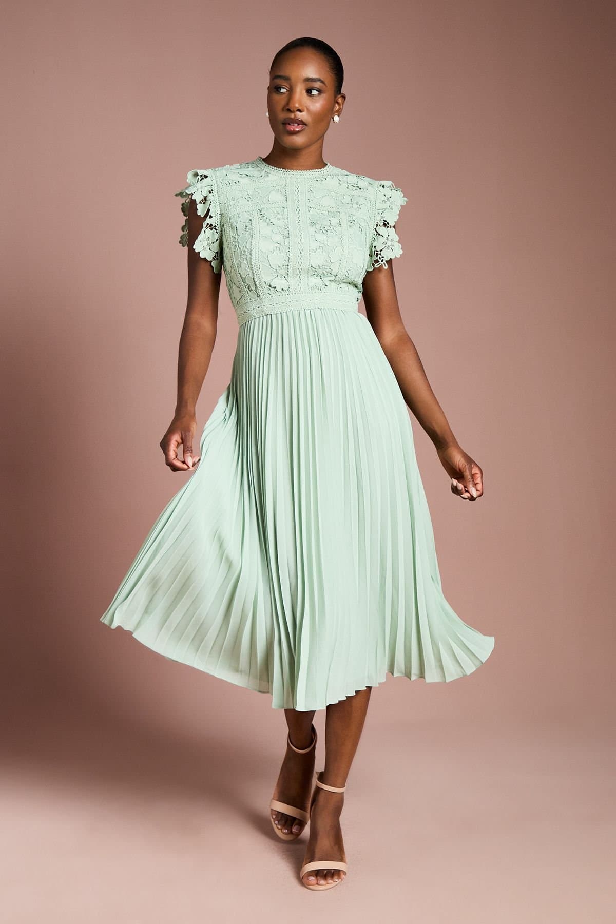 Coast Coast Women's Flutter Sleeve Lace Top Pleated Skirt Midi Dress in Sage