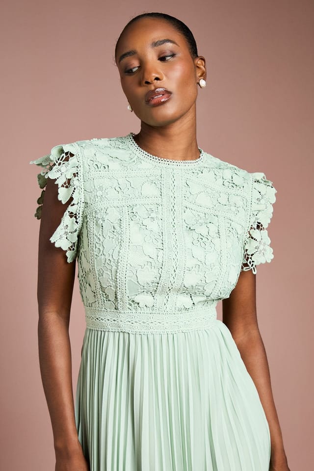 Coast Coast Women's Flutter Sleeve Lace Top Pleated Skirt Midi Dress in Sage - 2