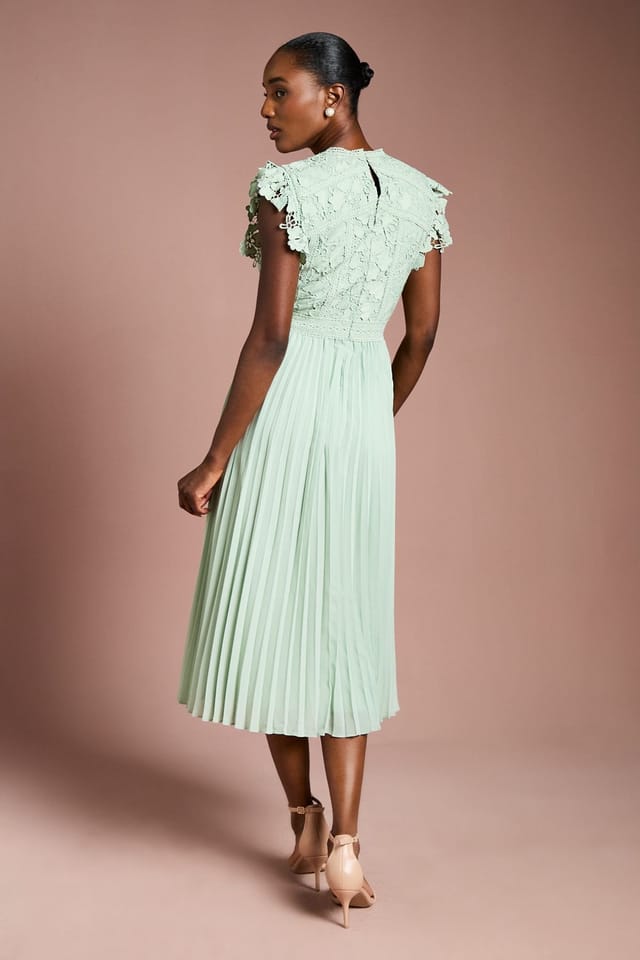 Coast Coast Women's Flutter Sleeve Lace Top Pleated Skirt Midi Dress in Sage - 3