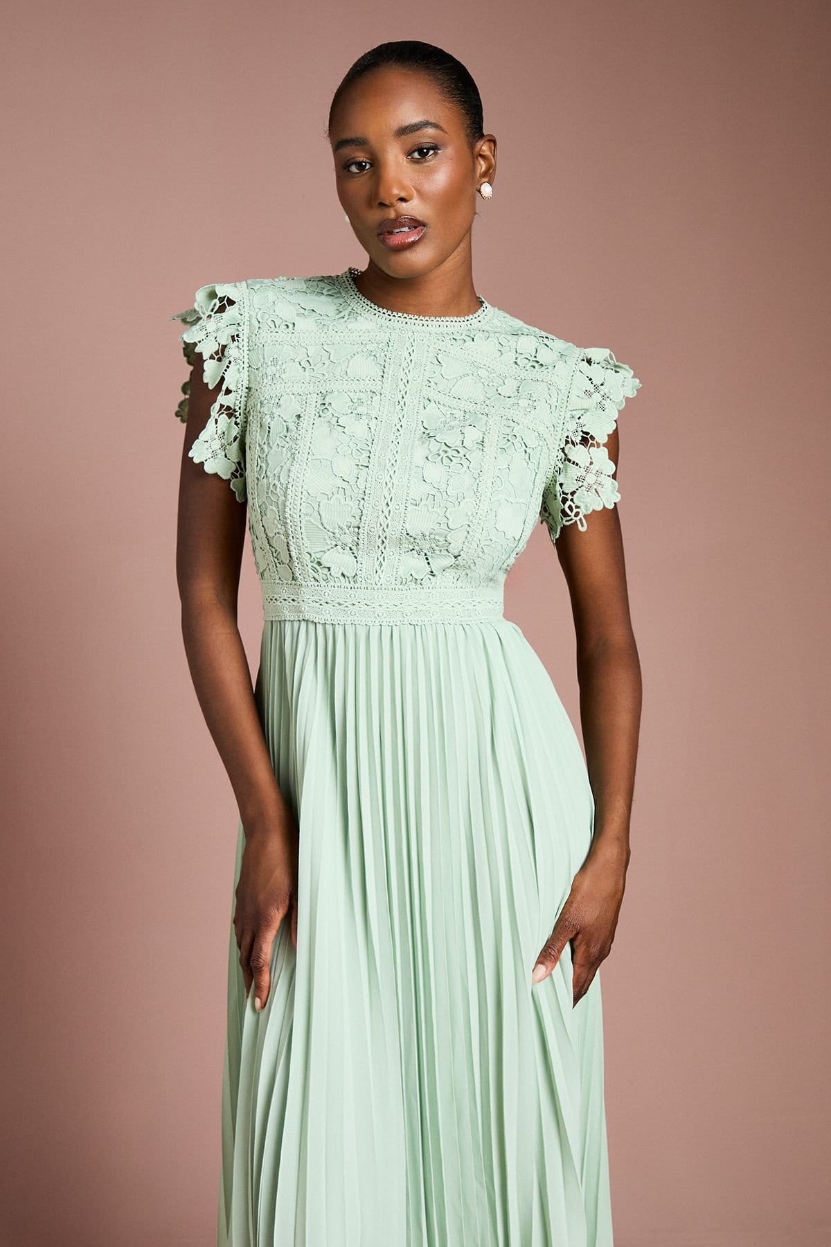 Coast Coast Women's Flutter Sleeve Lace Top Pleated Skirt Midi Dress in Sage - 4