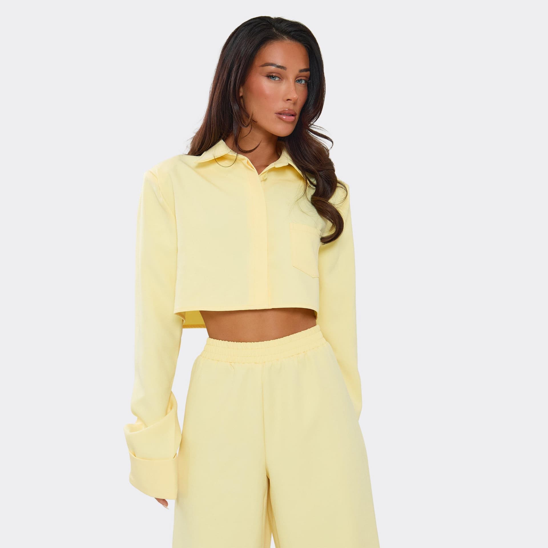EGO Long Sleeve Button Up Cropped Shirt In Lemon, Women's Size UK 6