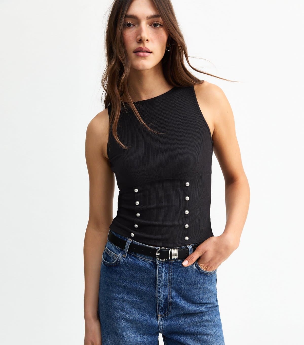 New Look Women's Black Ribbed Stud Detail Vest Top New Look