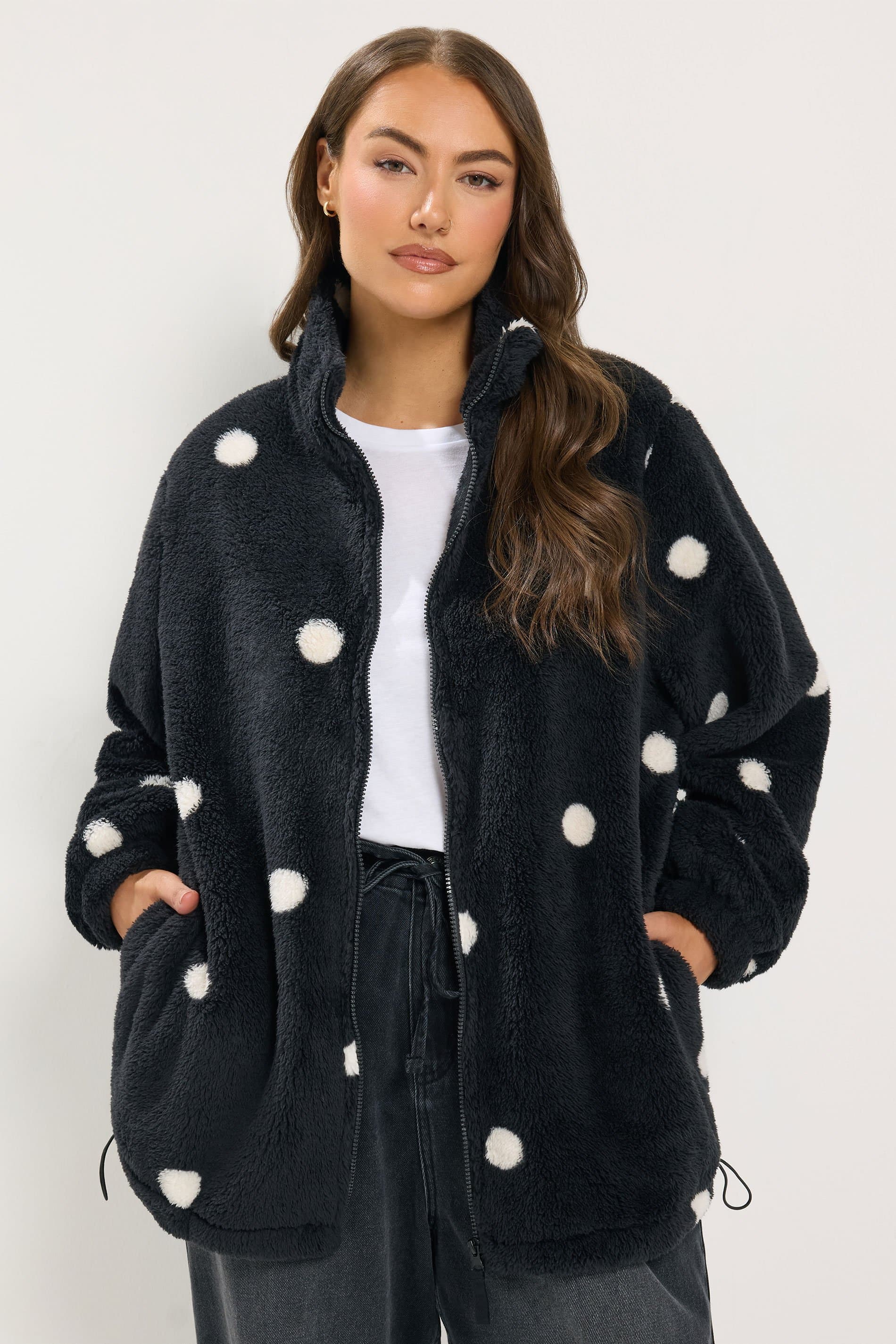 Yours Plus Size Black Polka Dot Zip Through Fleece