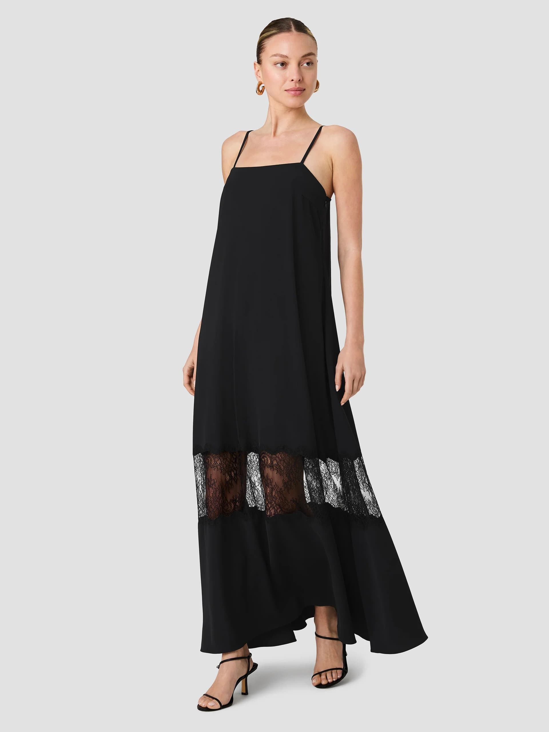 French Connection Quinn Black Crepe Lace Panel Maxi Dress Black