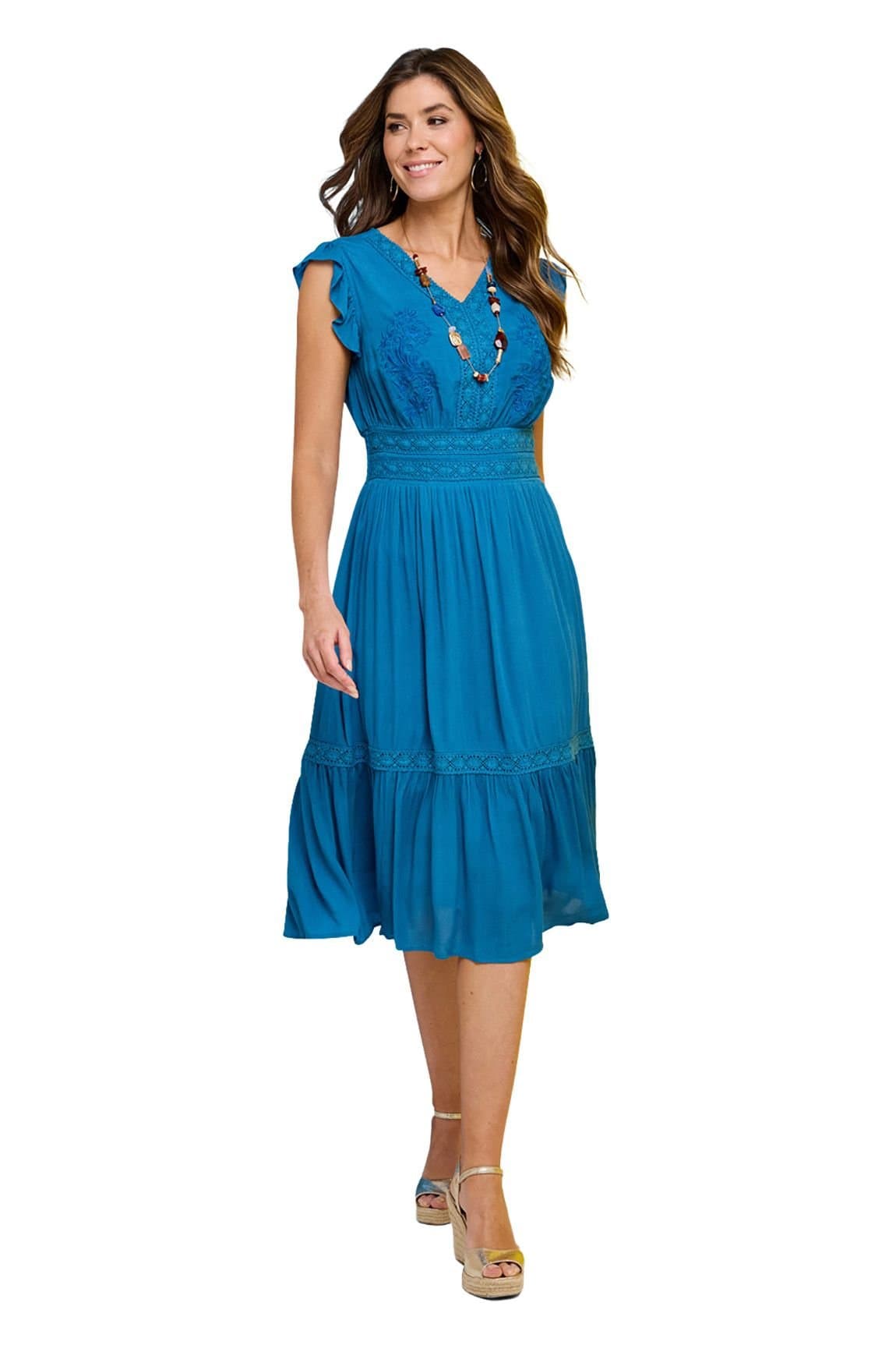 Amber Amber Women's Embroidered Bodice Viscose Crepe Dress in Blue