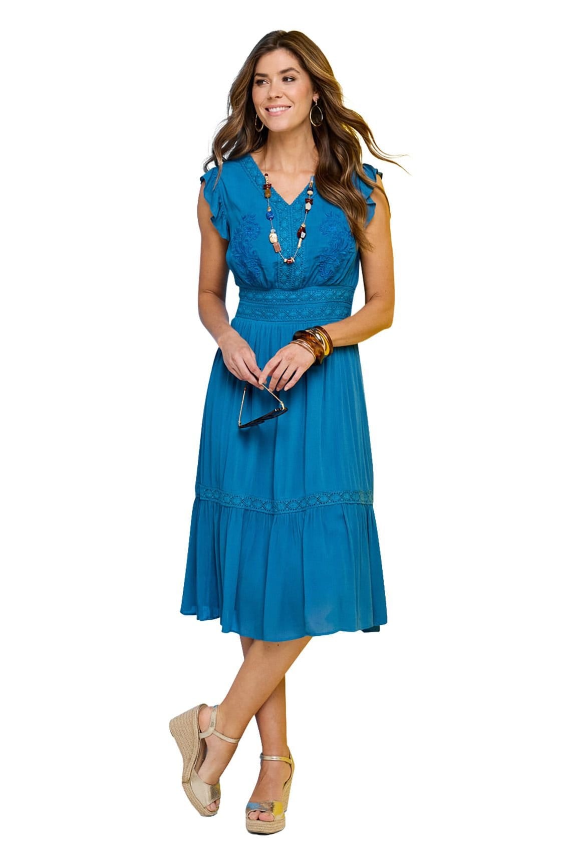Amber Amber Women's Embroidered Bodice Viscose Crepe Dress in Blue - 4