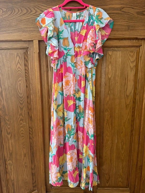 YAS Y.A.S YAS long dress. Floral multi coloured with ruffles. Size XS UK8 - 1