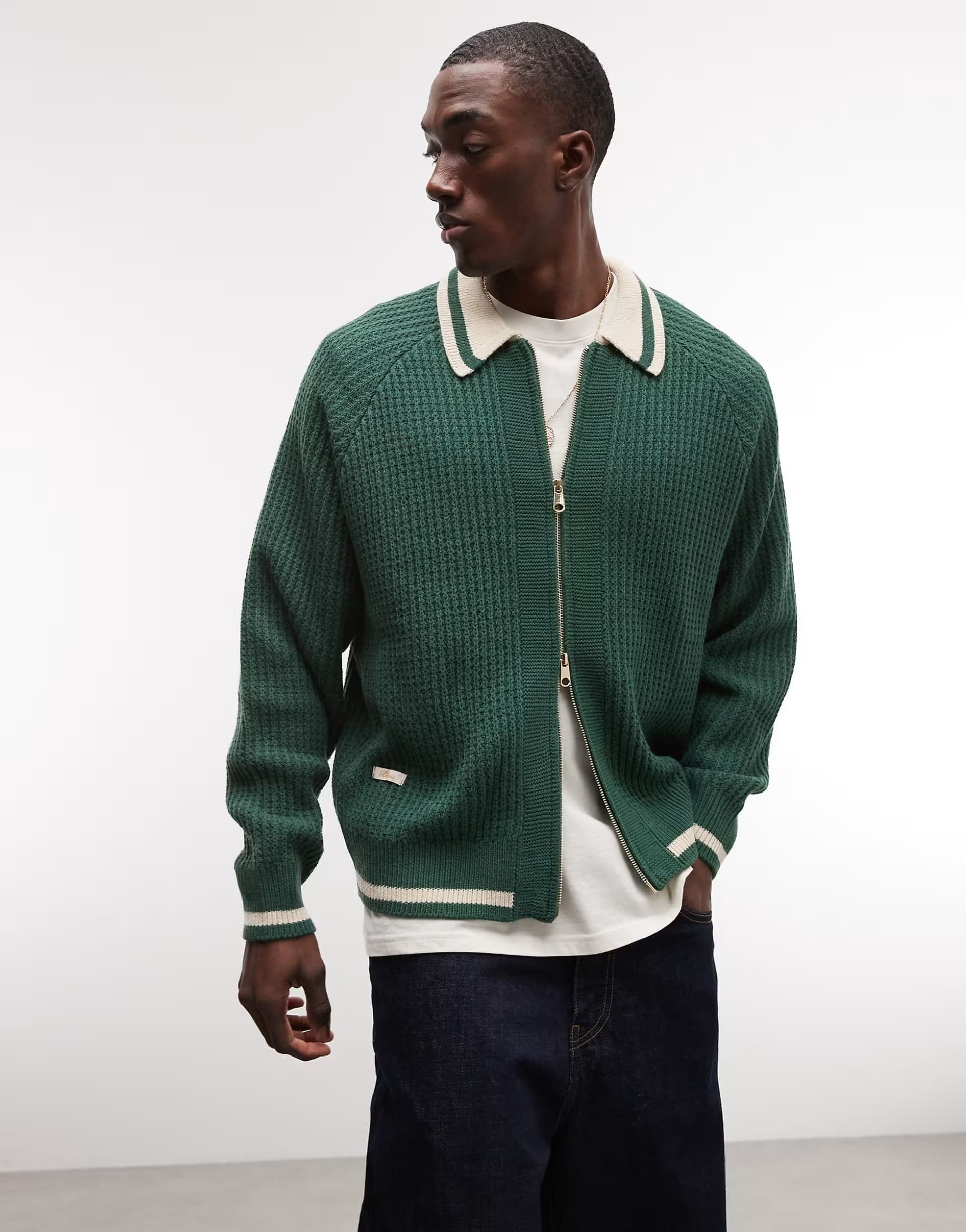 ASOS BLKVIS full zip cardigan with collar in green