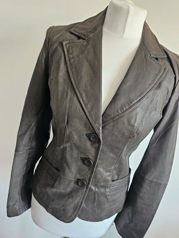 Vintage Dressing Vintage Y2K Genuine Leather Blazer UK 12 Brown Tailored 90s Indie Sleaze Jacket