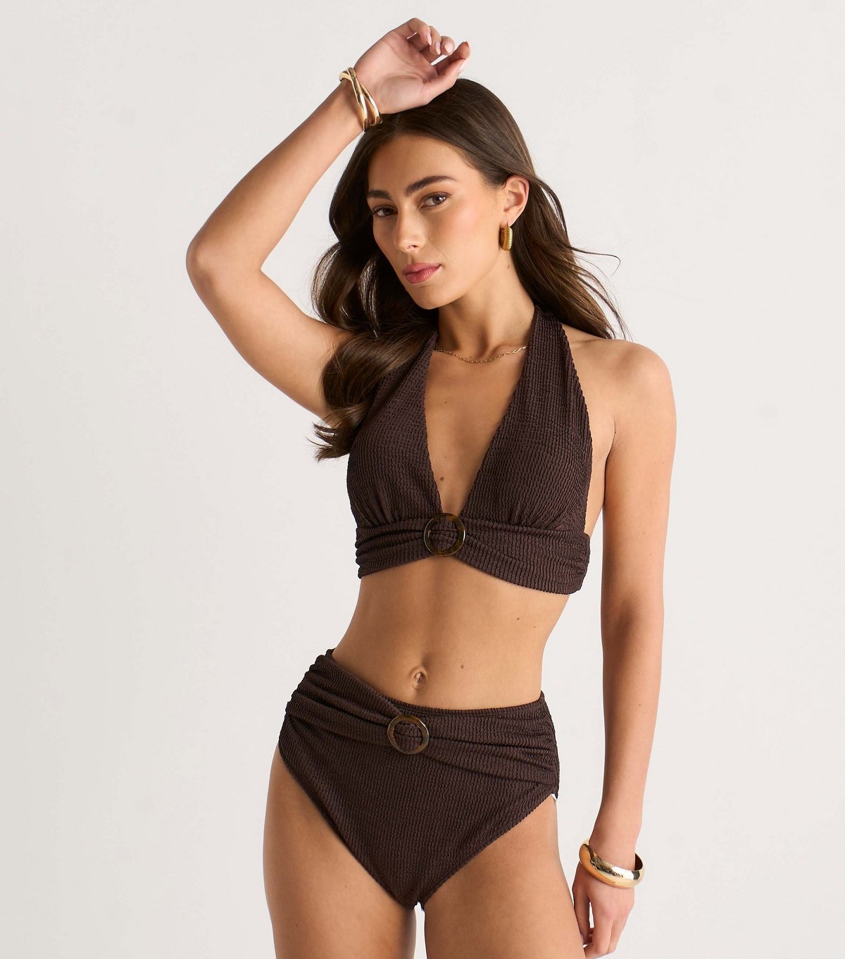 Gini London Women's Dark Brown Ribbed Halterneck Bikini Top Gini London New Look - 2
