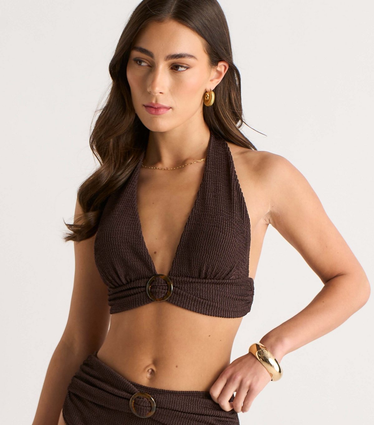 Gini London Women's Dark Brown Ribbed Halterneck Bikini Top Gini London New Look - 3