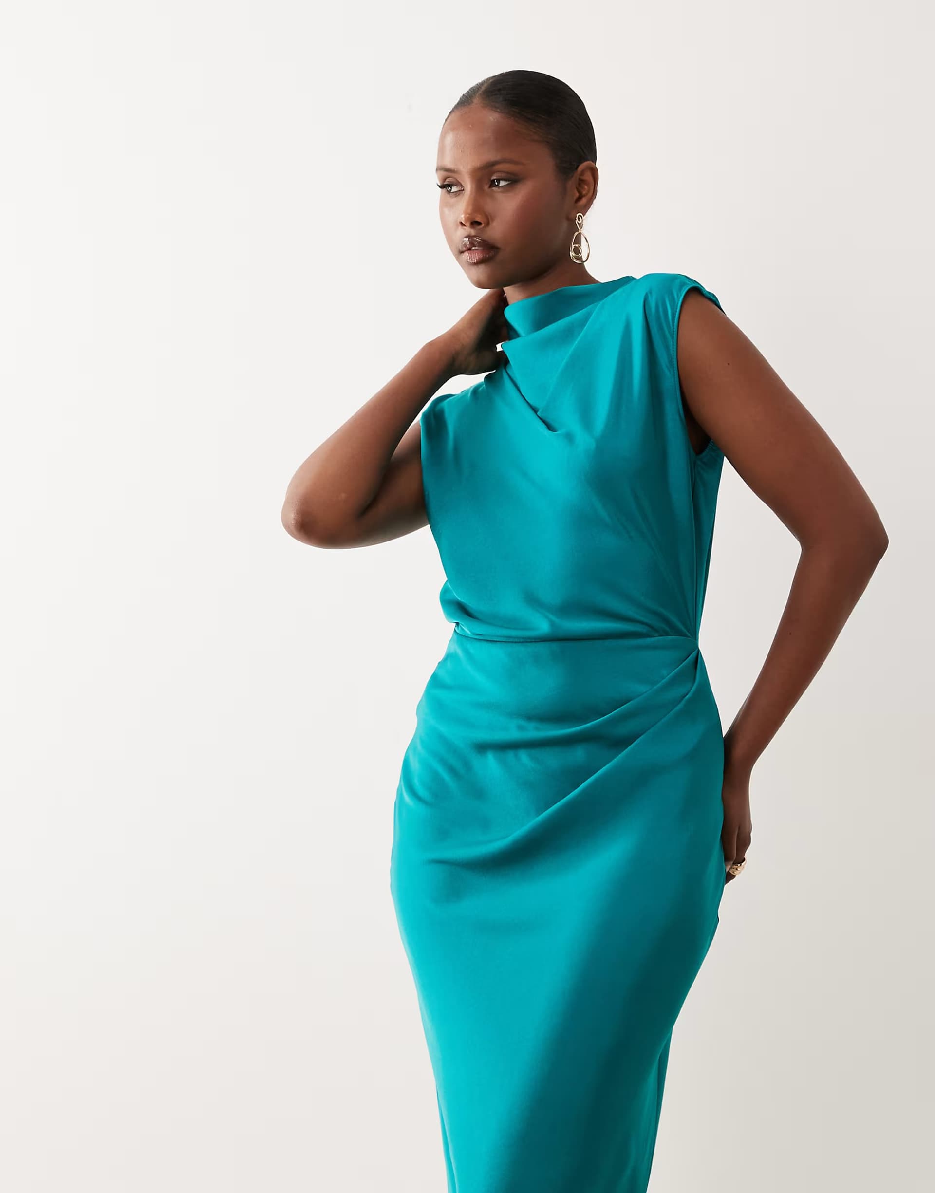 ASOS ASOS DESIGN satin high neck pleated bodice midi dress in bright teal