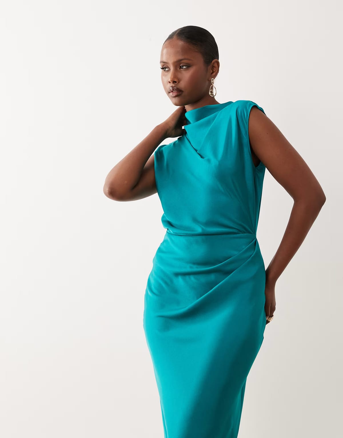 ASOS ASOS DESIGN satin high neck pleated bodice midi dress in bright teal - 1