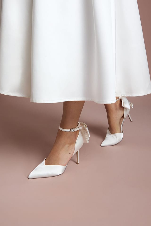 Coast Coast Women's Bridal Kittie Satin Bow Pointed High Stiletto Heel Comfort Sock Court Shoes in White - 3