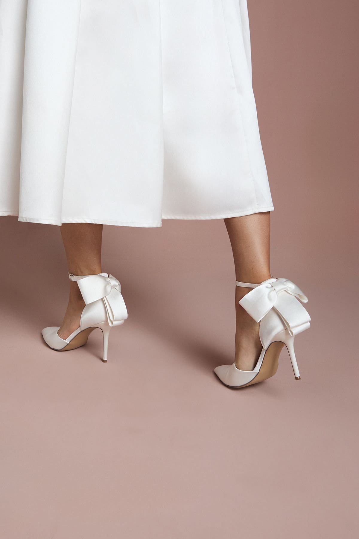 Coast Coast Women's Bridal Kittie Satin Bow Pointed High Stiletto Heel Comfort Sock Court Shoes in White - 4
