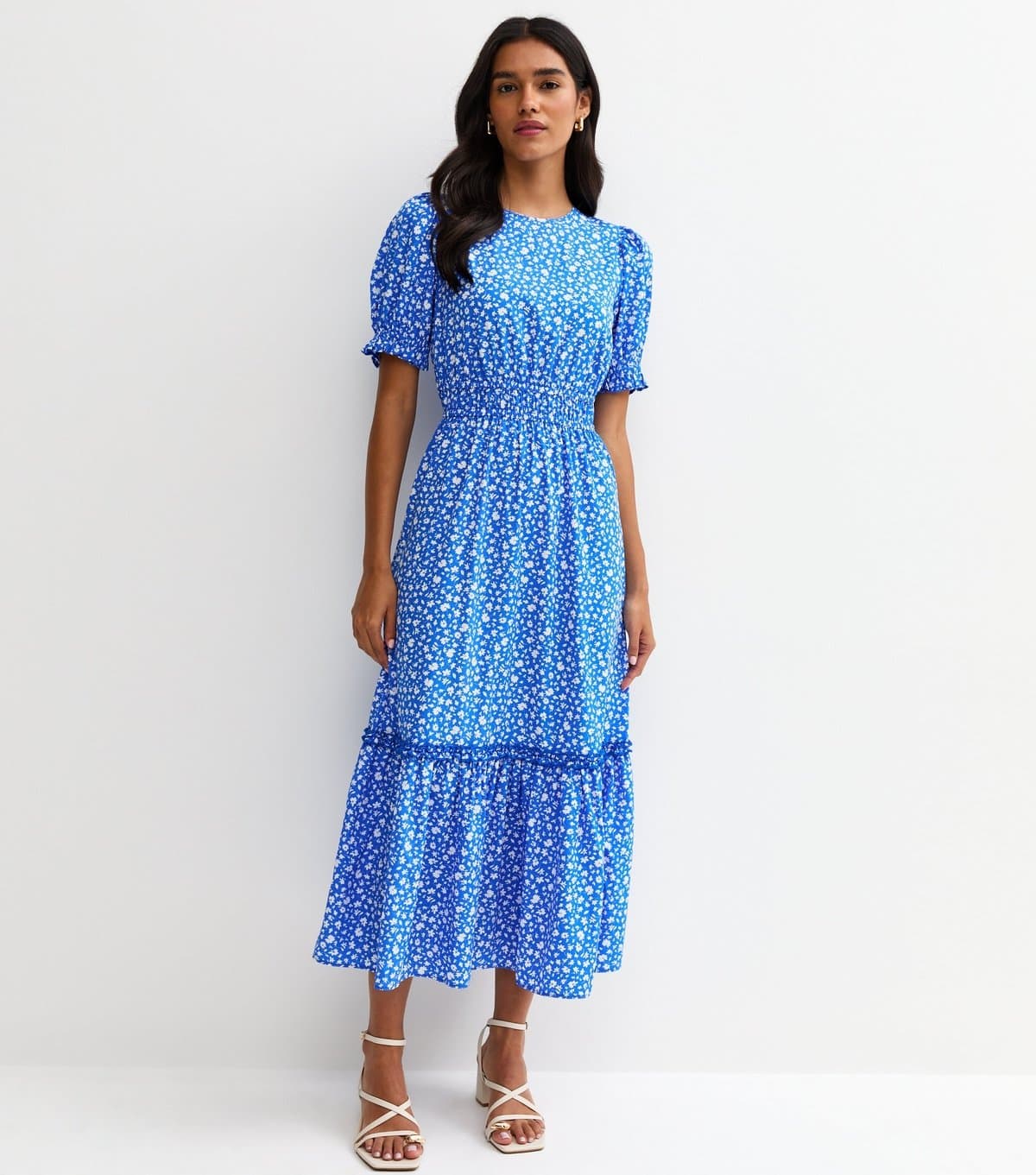 New Look Women's Bright Blue Crepe Ditsy Short Sleeve Tiered Midi Dress New Look