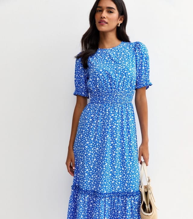New Look Women's Bright Blue Crepe Ditsy Short Sleeve Tiered Midi Dress New Look - 3