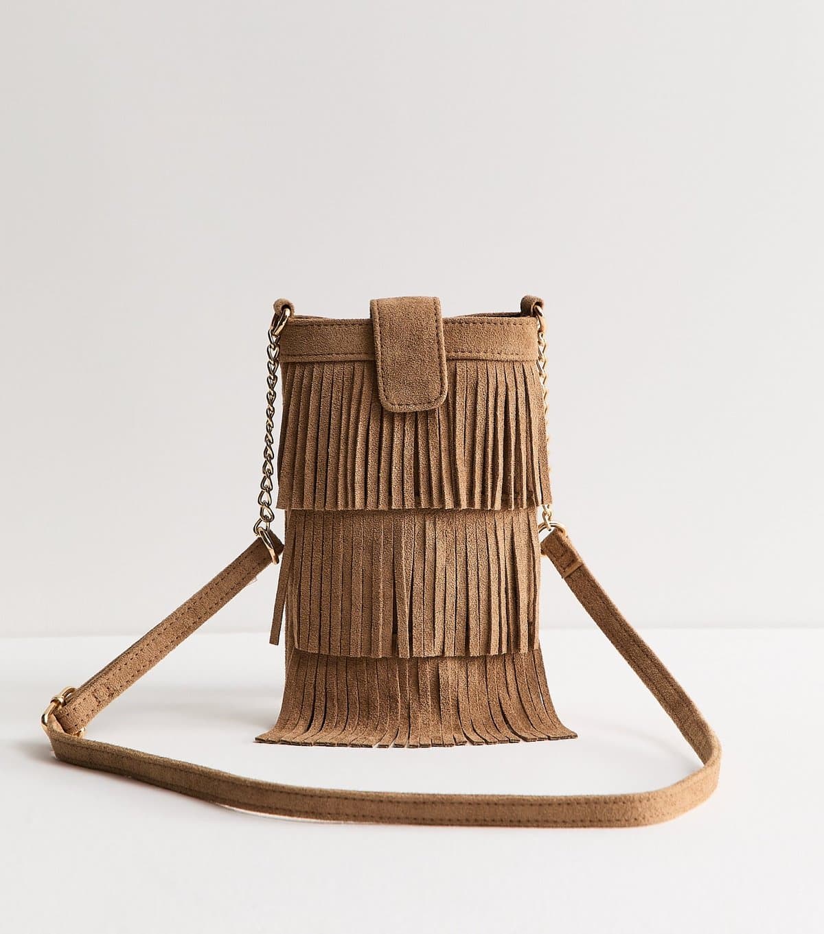 New Look New Look Camel Faux Suede Fringed Phone Bag