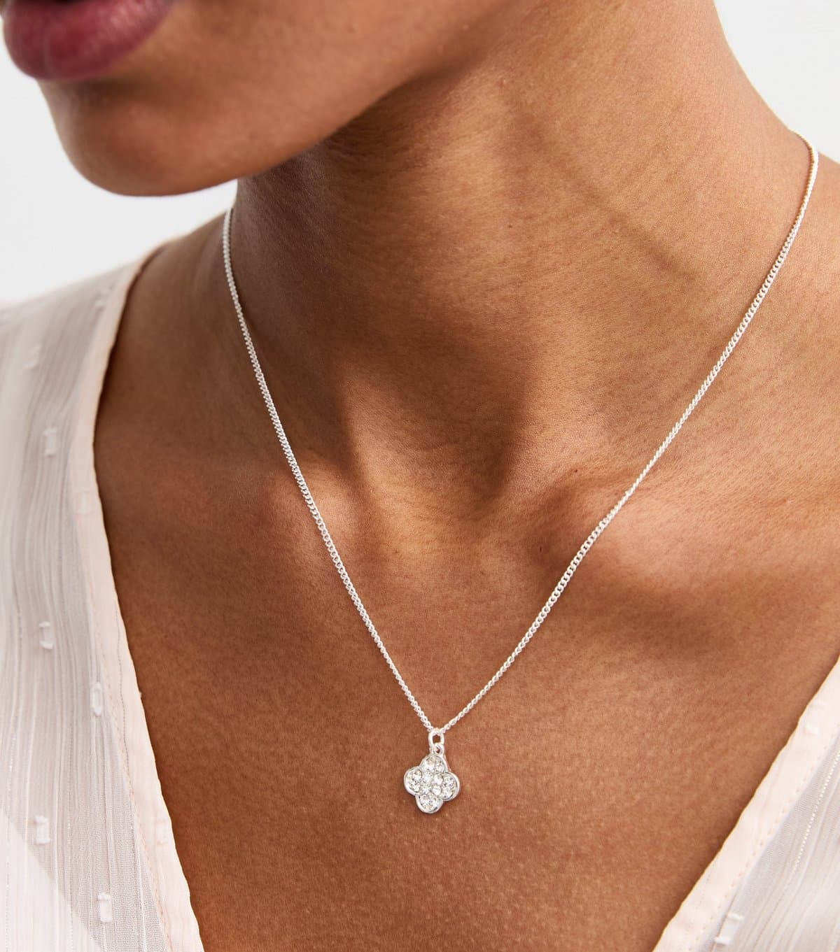 New Look Silver Tone Crystal Flower Necklace New Look