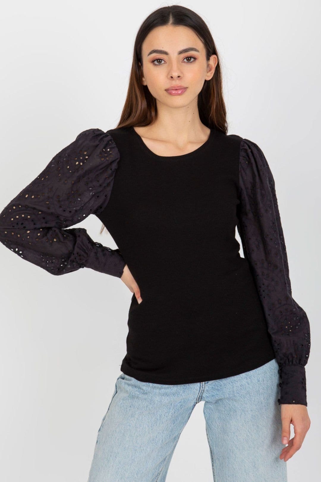 Love Lace Women's Black Long Openwork Sleeve Blouse