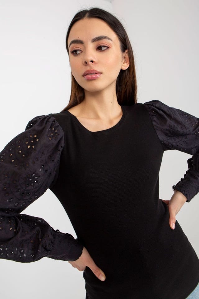 Love Lace Love Lace Women's Blouse Long Openwork Sleeves Round Neck in Black - 2