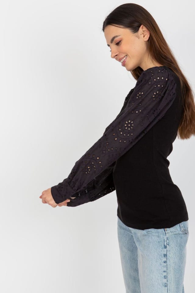 Love Lace Love Lace Women's Blouse Long Openwork Sleeves Round Neck in Black - 3
