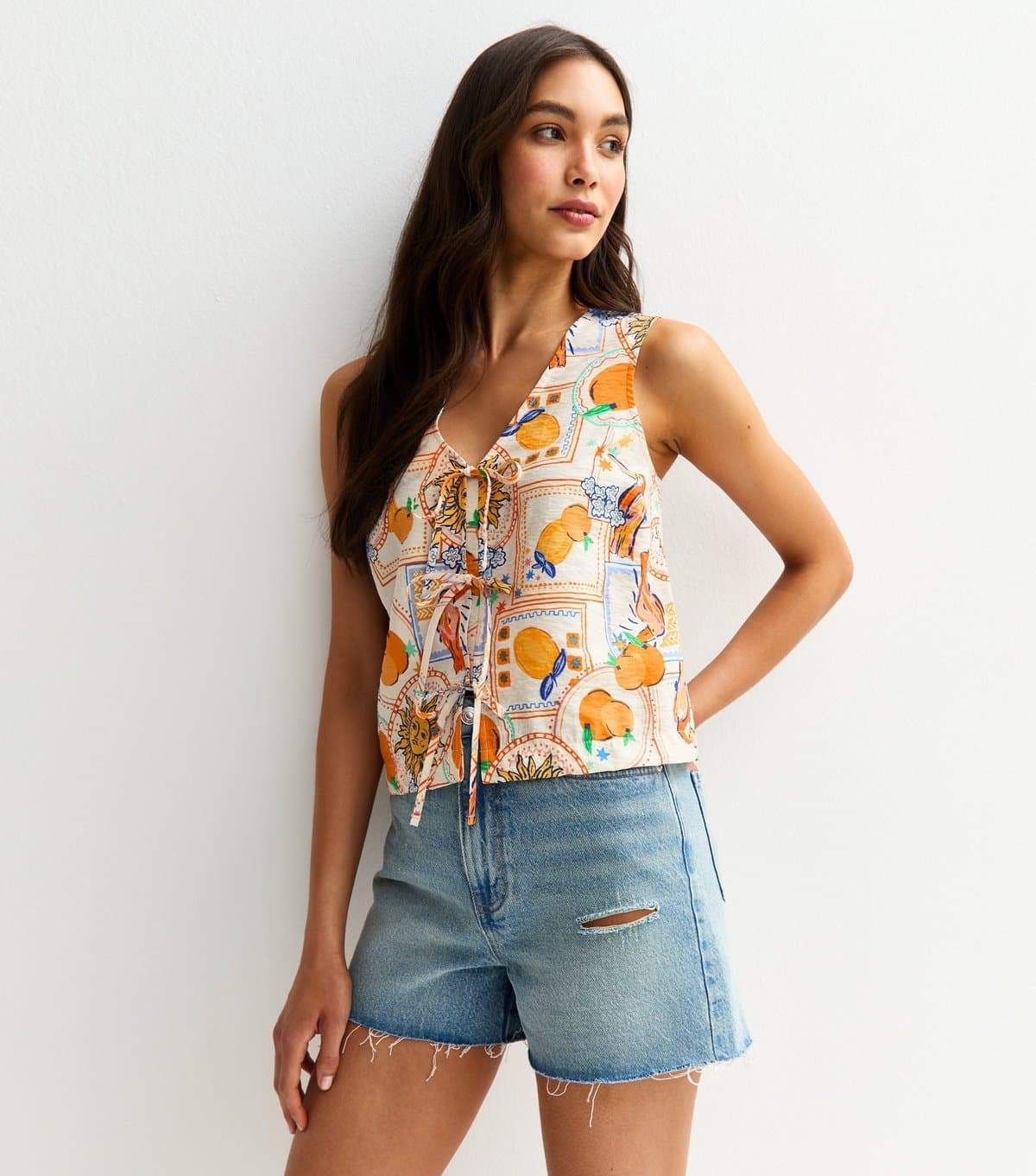 New Look Women's Cream Postcard Print Tie Front Top New Look