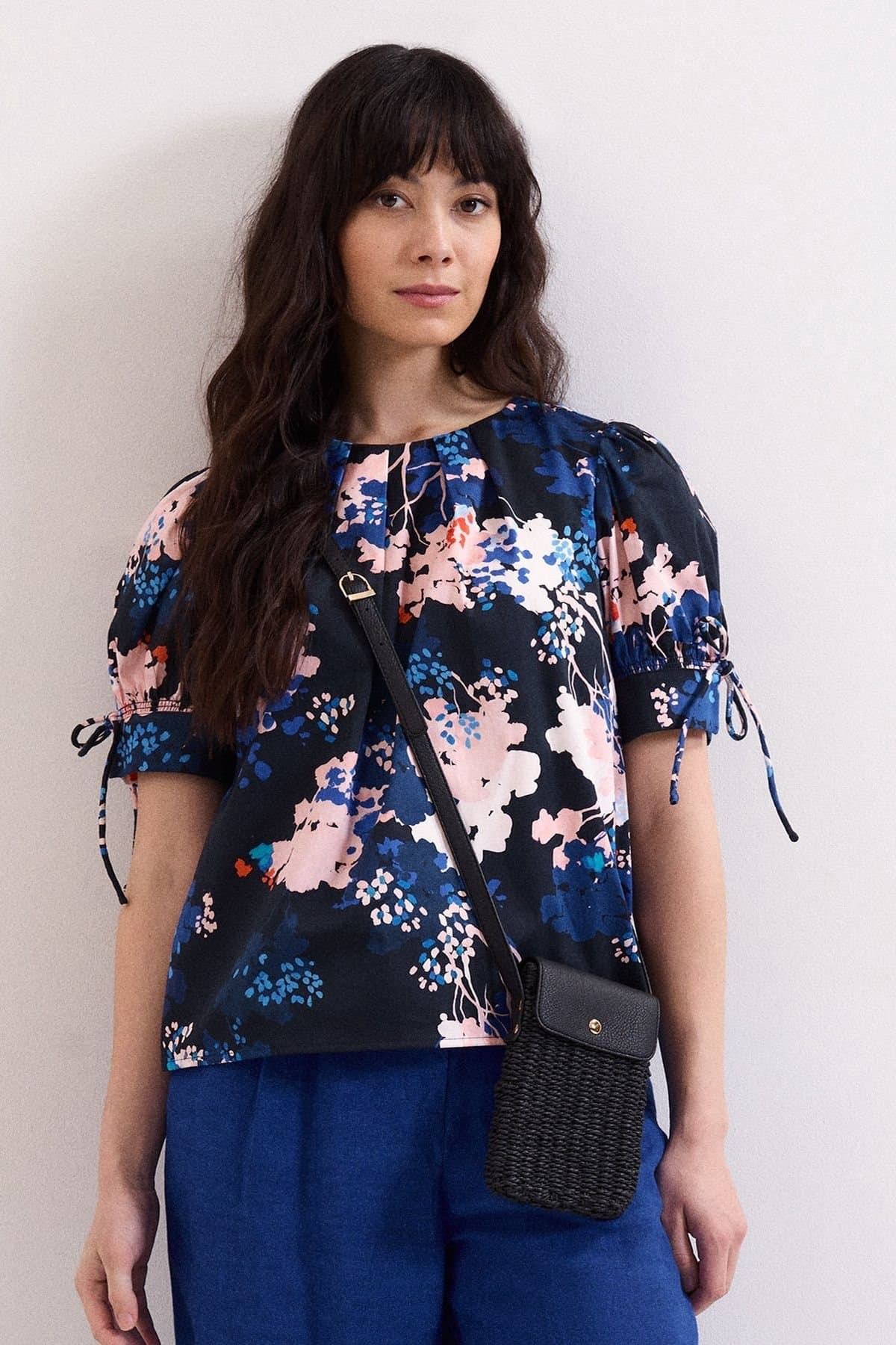 Phase Eight Phase Eight Dark Navy Floral Blouse with Puff Sleeves