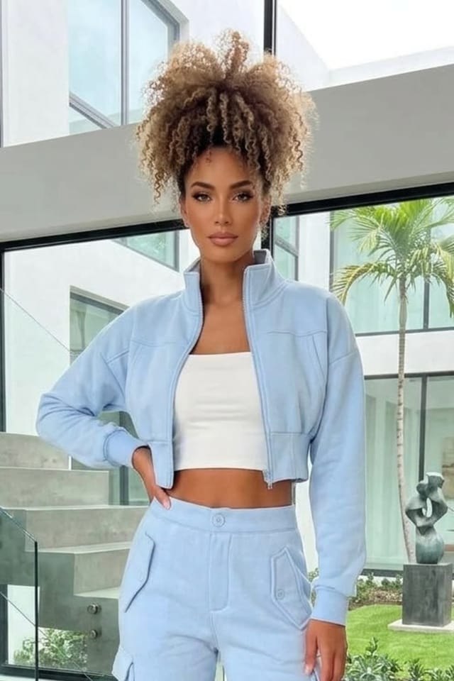 STYLEWISE STYLEWISE Women's Cropped Zip Sweatshirt & Cargo Trouser Tracksuit Co-ord in Blue - 2
