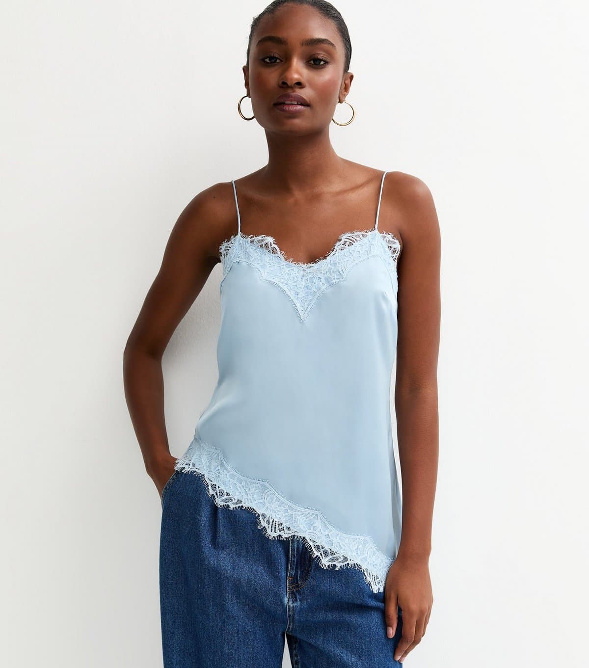 New Look Women's Light Blue Satin Asymmetric Lace Hem Cami Top New Look