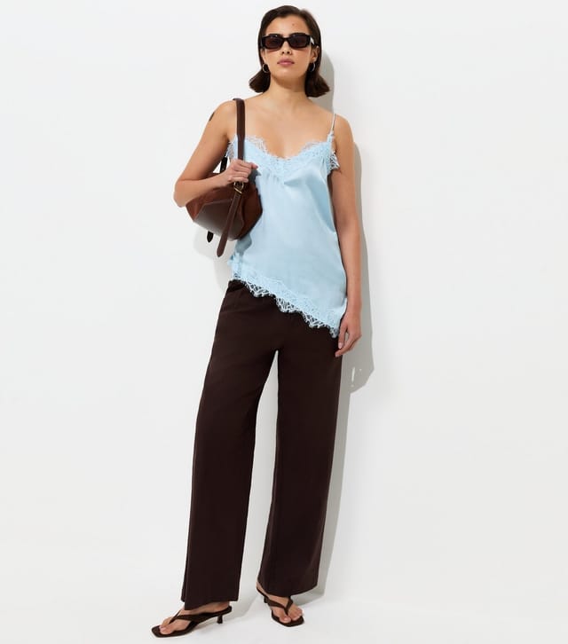 New Look Women's Light Blue Satin Asymmetric Lace Hem Cami Top New Look - 2