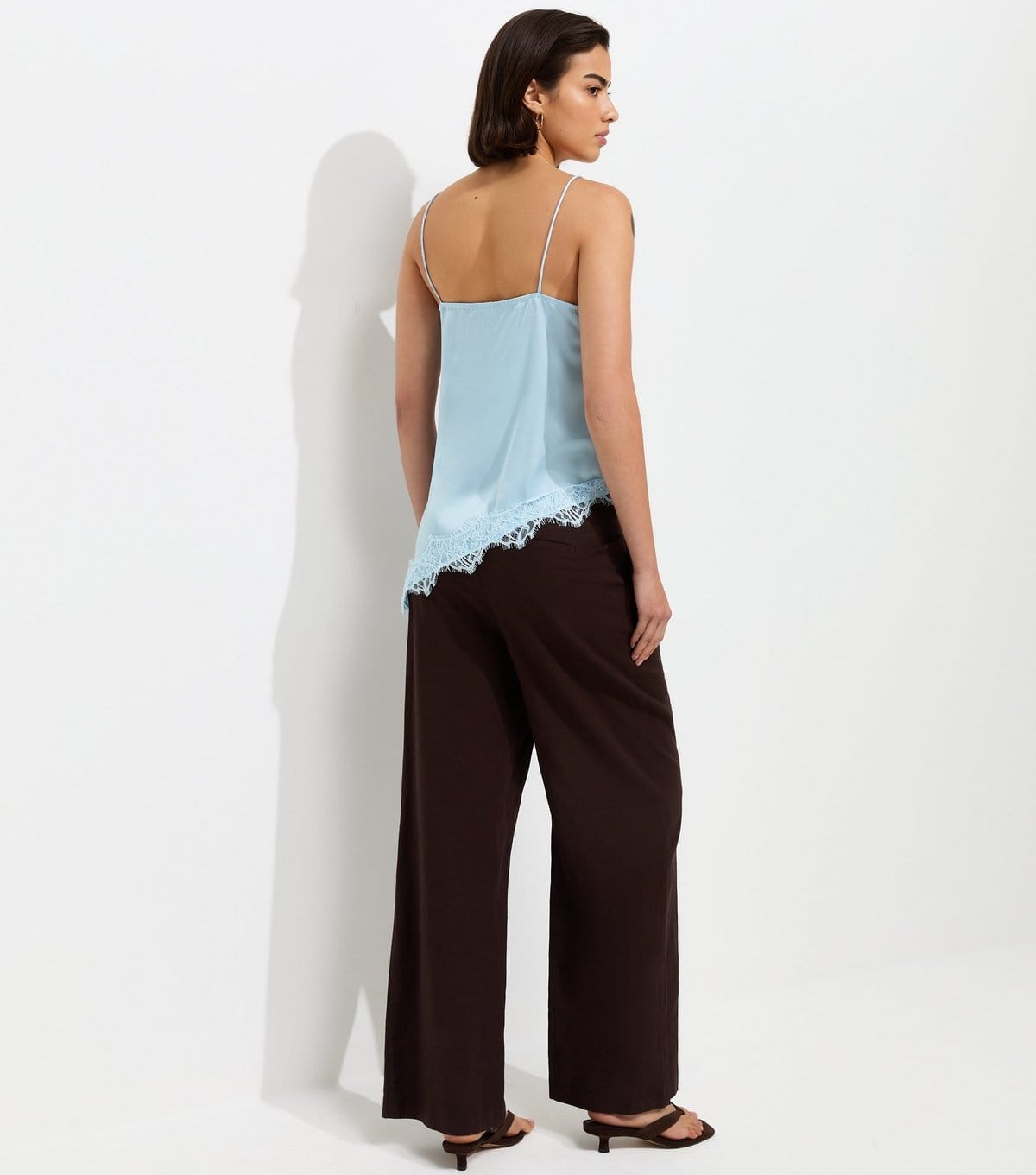 New Look Women's Light Blue Satin Asymmetric Lace Hem Cami Top New Look - 4
